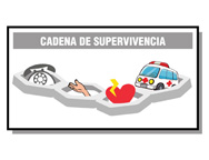 Bajo el título 'Cadena de supervivencia' se ve una cadena de cuatro eslabones. En cada eslabón, de izquierda a derecha, hay un dibujo, de un teléfono, una mano, un corazón con un rayo y una ambulancia.