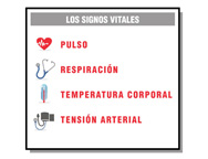 Esquema de los signos vitales. Cada signo lleva un icono y el nombre del signo. Un corazón con la gráfica del pulso, para el pulso, un fonendoscopio, para la respiración, un termómetro para la temperatura, y un esfigmomanómetro para la tensión arterial.