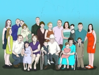 Dibujo representando un grupo familiar multigeneracional que representa la evolución de las personas en su ciclo vital, abarcando todas las etapas 