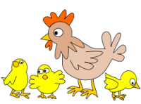 Dibujo de un grupo familiar de gallinas y pollos