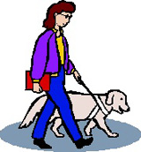 Ilustración de una mujer invidente paseando con su perro guía.