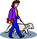 Ilustración de una mujer invidente paseando con su perro guía.