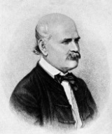 Retrato dibujado en blanco y negro del médico Semmelweis. Es un señor calvo, con bigote y que viste traje de chaqueta con palomita negra.   