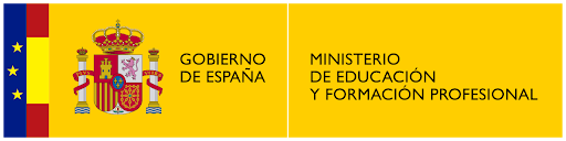 Logotipo del Ministerio de Educación, Cultura y Deporte. Junto a una banda vertical que representa esquemáticamente la bandera de Europa y otra que representa la bandera de España, aparece el escudo de España, y el texto: Gobierno de España. MEFP.