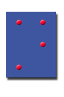 Ficha que represnta la letra 'N' en braille donde el fondo es azul y los puntos son rojos.