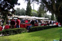 Vista de un parterre de cesped de un parque y al otro lado se ven muchos puestos de venta ambulante y mucha gente comprando.