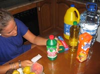 Sentada a la mesa de la cocina. Encima de la mesa están colocados los productos que ha comprado, Esther (22 años, rubia pelo recogido y vestido azul) sostiene en una mano una botella de lavavajillas y en la otra el tique de compra del supermercado, comprobando que todo está correcto.