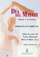 La imagen corresponde a un cartel de una Fiesta del Día del Mayor del Municipio de Alcorcón, Madrid. En el cartel aparece una señora mayor sonriendo.