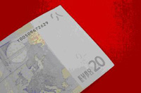 Aparece una parte de un billete de 20 euros sobre un fondo de color rojo.