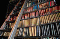 Fotografía del interior de una biblioteca con varias estanterías llenas de libros.