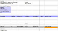 Se muestra en una tabla Excel la estructura de una factura con los datos que como mínimo ha de incluir (identificación del comprador y del cliente, del documento, de la mercancía, importe total, base imponible ,cuota de IVA e importe total, fecha de vencimiento y forma de pago).