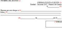 Aparece una imagen con el modelo de cheque en blanco y cada uno de los apartados que hay que rellenar le corresponde un número.