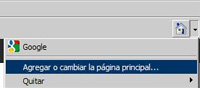 Una página de color gris, arriba a la derecha aparece un botón con una casita, debajo Google y un menú desplegable con dos opciones: agregar o cambiar la página principal y debajo quitar.