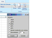Aparece la pestaña de vista y las distintas opciones del Zoom con distintos porcentajes y aparece seleccionado el 75%.