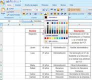 En la hoja de trabajo de Excel se selecciona un botón que tiene una A mayúscula y aparece un cuadrado con todos los colores para seleccionar el que queramos.