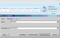 Pantalla en la que aparecen varias pestañas, buscar, reemplazar con espacios en blanco para escribir lo que queremos buscar y reemplazar.