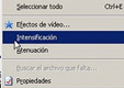 Menú que aparece para seleccionar los efectos del vídeo, intensificación, atenuación.
