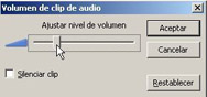 Panel de opciones de volumen de clip de audio.