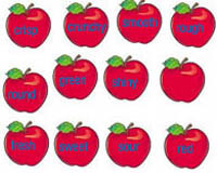 Manzanas rojas con adjetivos en inglés pintados.