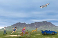 Varias personas desplazándose una en bicicleta, otra en coche, otra andando y otra corriendo. También se muestra un avión y un ciervo corriendo.