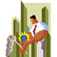 Ilustración de un hombre de negocios, con una red de mariposas tratando de cazar al mundo.