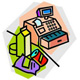 Ilustración de una caja registradora con productos al lado.
