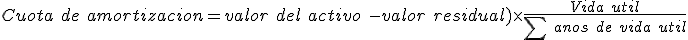  La cuota de amortización será igual a la diferencia entre el valor del activo y el valor residual, todo ello multiplicado por el cociente entre la vida útil como numerador y la sumatoria de los años de la vida útil en el denominador.