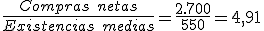 El ratio de rotación de existencias es igual al cociente entre compras netas y las existencias medias.