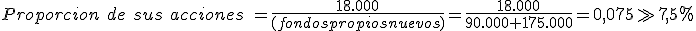 La proporción de las acciones del accionista es igual a la división entre el valor de las acciones (18.000) entre los fondos propios nuevos (90.000 + 175.000), lo que nos da como resultado el 7,5 por ciento.