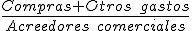 El ratio de rotación de proveedores es igual al cociente el numerador formado por la suma de las compras y otros gastos, y el denominador formado por los deudores comerciales.