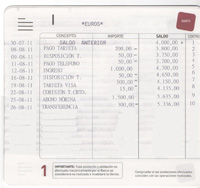 Imagen que muestra la hoja en la que se recogen los movimientos realizados en una libreta de ahorro. Aparecen los siguientes datos: fecha, concepto, importe, saldo y control.