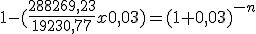 Partiendo de la expresión anterior, agrupamos los valores y despejamos la incógnita n (tiempo). Uno menos el resultado de dividir 288.269,23 y 19.230,77 multiplicado por 0,03. Esta expresión se iguala a uno más 0,03 elevado a menos n.