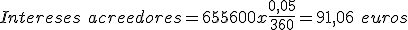 Los intereses acreedores son iguales a la división entre el interés acreedor y 360 multiplicado por los números acreedores. Sustituyendo en la fórmula, obtenemos un resultado de 91,06.