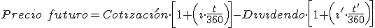 El precio de un futuro será igual a la diferencia de dos valores. El primer valor saldrá del resultado de multiplicar la cotización por el resultado obtenido de sumarle uno al producto del interés por el número de días desde hoy hasta el vencimiento del contrato dividido entre 360. El segundo valor será el resultado de multiplicar el dividendo por el resultado obtenido de sumar uno al producto del interés del mercado por el número de días desde la fecha de pago del dividendo hasta el día de vencimiento del contrato dividido entre 360.