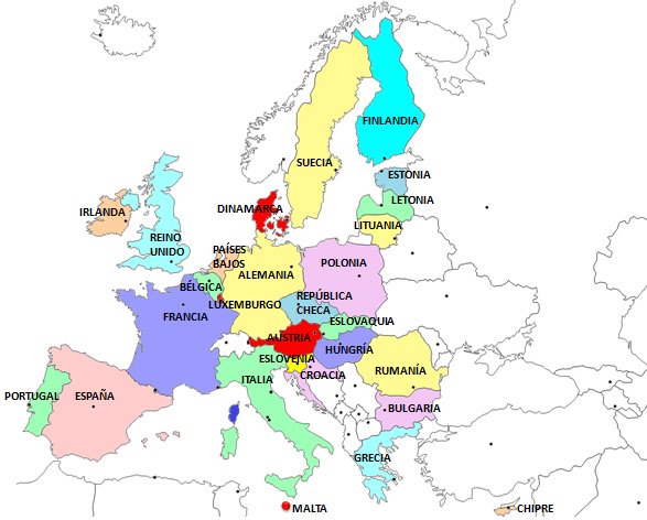 Mapa con los países integrantes de la Unión Europea.