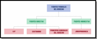 Esquema de las fuentes formales del derecho: son fuentes directas (la ley, la costumbre y los principios generales del derecho) e indirectas (los tratados internacionales y la jurisprudencia).