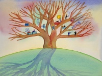 Ilustración de una árbol muy ramificado, en cuyas ramas se sitúan distintas personales y materiales de oficina. Simula el archivo de información realizado por los Registros oficiales.