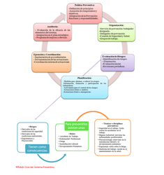 Esquema en forma circular que muestra el proceso de la actividad preventiva. Se estructura en cinco rectángulos unidos por una flecha que muestra cada una de las fases del sistema preventivo: política preventiva, organización, evaluación de riesgos, planificación, ejecución – coordinación y por último auditoría. Desde el rectángulo de evaluación de riesgos sale una flecha hacia un nuevo gráfico situado en la parte inferior del anterior. En este gráfico se representa la conexión que existe entre los riesgos, los daños y las técnicas de prevención. Cada uno de estos elementos está dentro de un rectángulo.