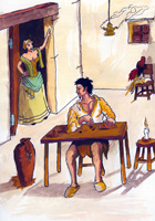  Se ve un dibujo de una habitación donde en el centro está la imagen de un hombre sentado delante de una mesa contando dinero. Es un escenario del siglo XV.