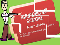 En la imagen se muestran un dibujo en el que  un señor situado delante de un letrero roto a modo de puzle señala lo que está escrito en él que es: auditoría de cuentas, normativa, Instituto de Auditoría de cuentas.