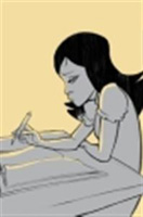 Ilustración de una mujer sentada en una mesa y escribiendo un documento.