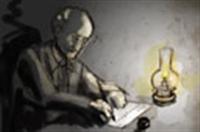 Ilustración de un hombre sentado escribiendo una carta.