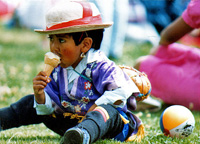 Niño comiendo un helado con dedicación.