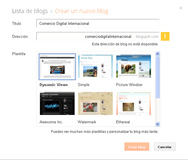 Captura de pantalla de Blogger de google para crear una cuenta donde solicitan el título que es “Comercio Digital Internacional” y la dirección en Internet que es “comerciodigitalinternacional.blogspot.com”.