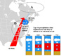 Sobre un fondo del mapa del mundo se muestra una flecha y varios rectángulos de color azul y rojo indicando los tipos de precipitaciones.