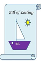 Cuadrado azul claro y en el fondo el dibujo de un barco con una vela blanca y un sol amarillo con las letras Bill of Lading.