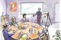 Dibujo de varias personas reunidas alrededor de una mesa redonda.