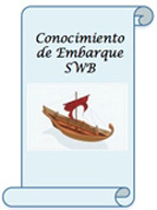 Cuadrado azul claro y en el fondo el dibujo de un barco navegando con velas de colores y  las letras conocimiento de embarque SWB.