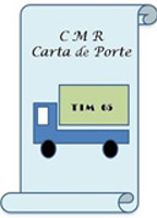 Cuadrado azul claro y en el fondo el dibujo de un camión con las letras TIM05 en la caja del camión y las letras  CMR carta de porte.
