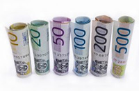 Billetes de euro. Aparecen una fila de rollos de billetes.
